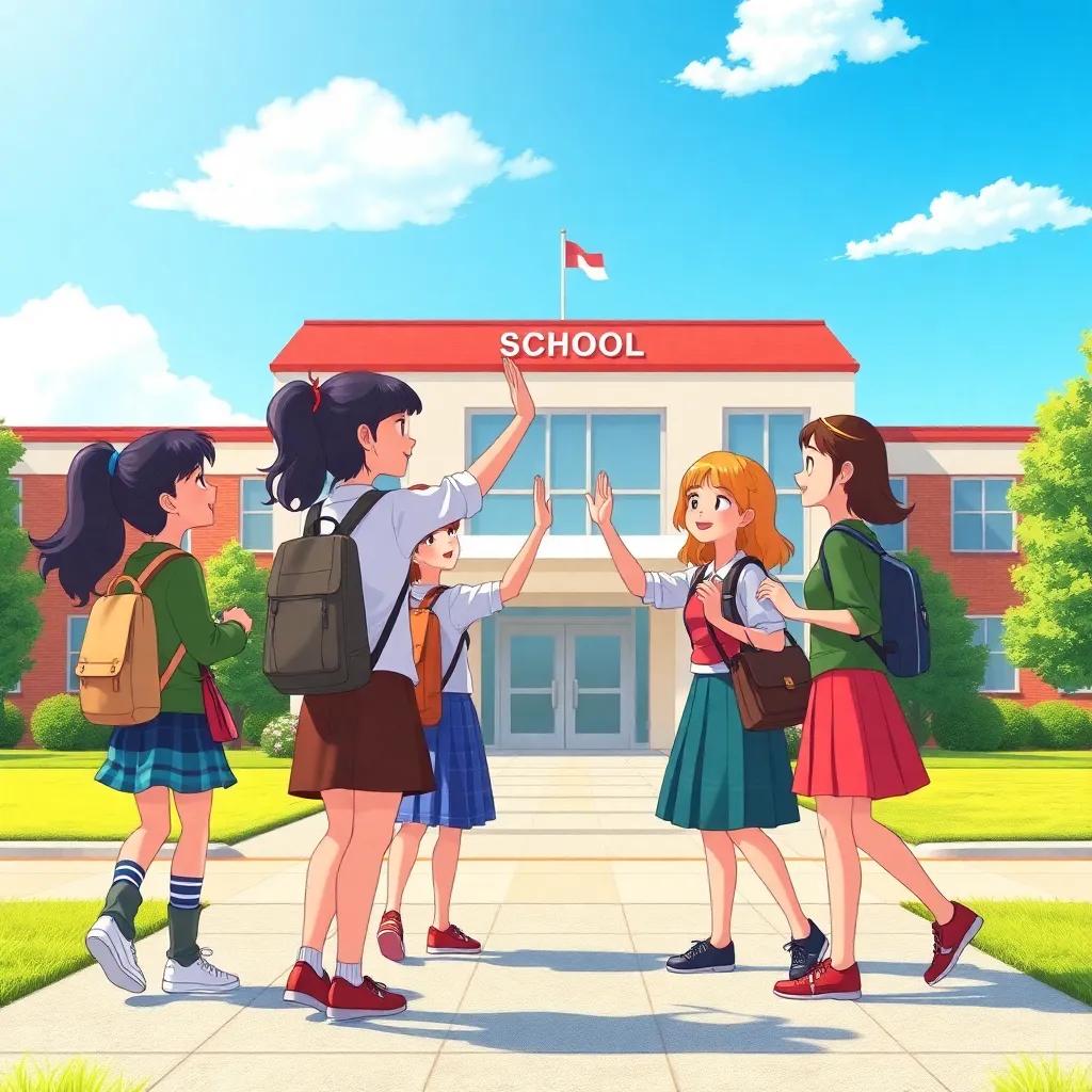 The group of girls arriving at school, high-fiving and laughing together, with the school building in the background under a clear blue sky, delightful animation style, bright colors