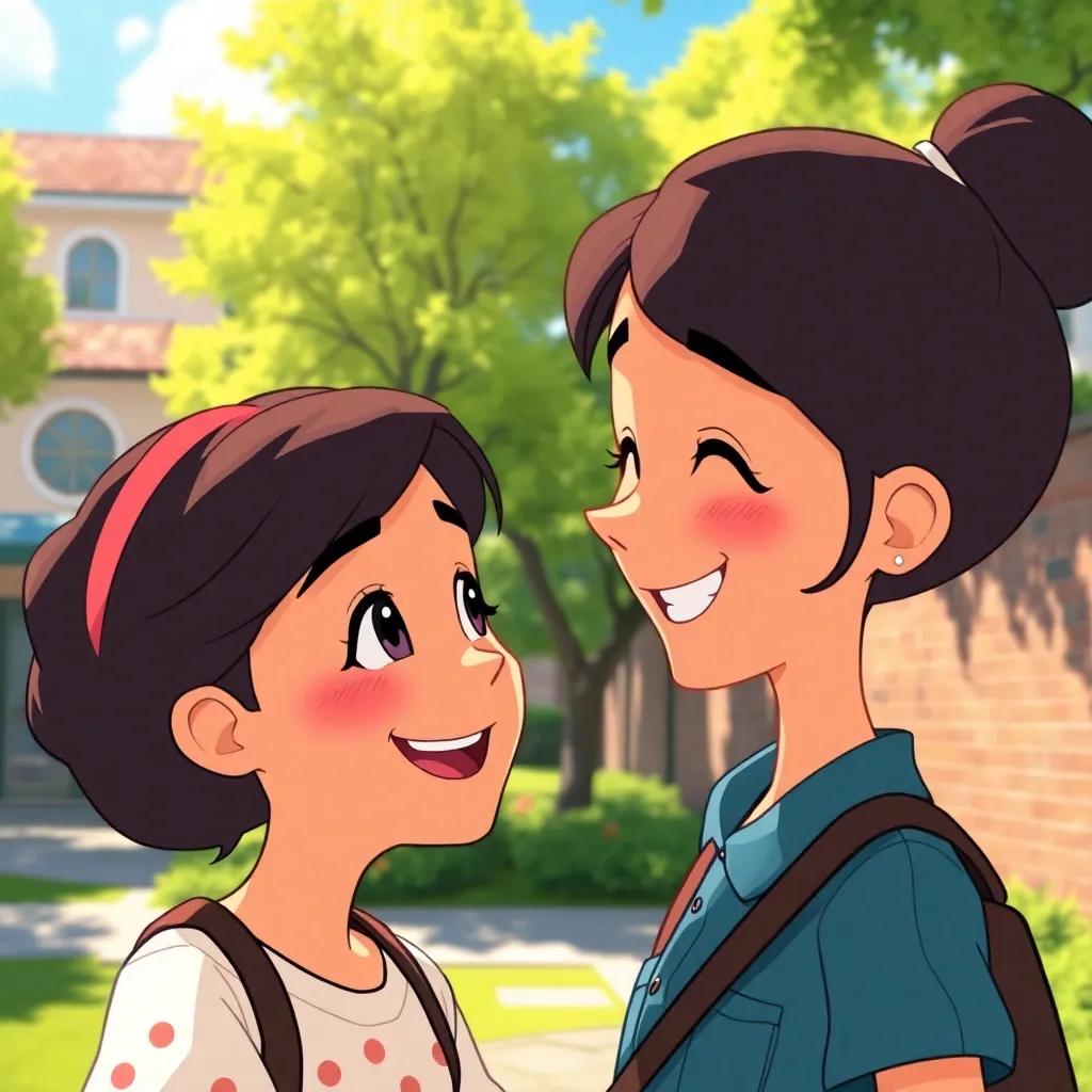 A close-up of Reem smiling with gratitude towards Lina, under a sunny schoolyard, depicting warmth and friendship, joyful illustration, colorful