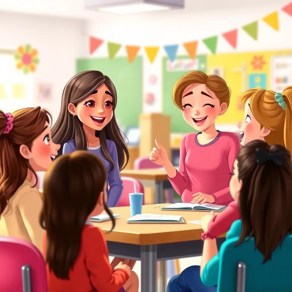 The girls talking and sharing ideas during class time, filled with laughter and excitement, encouraging expressions, classroom background with colorful decorations, vibrant