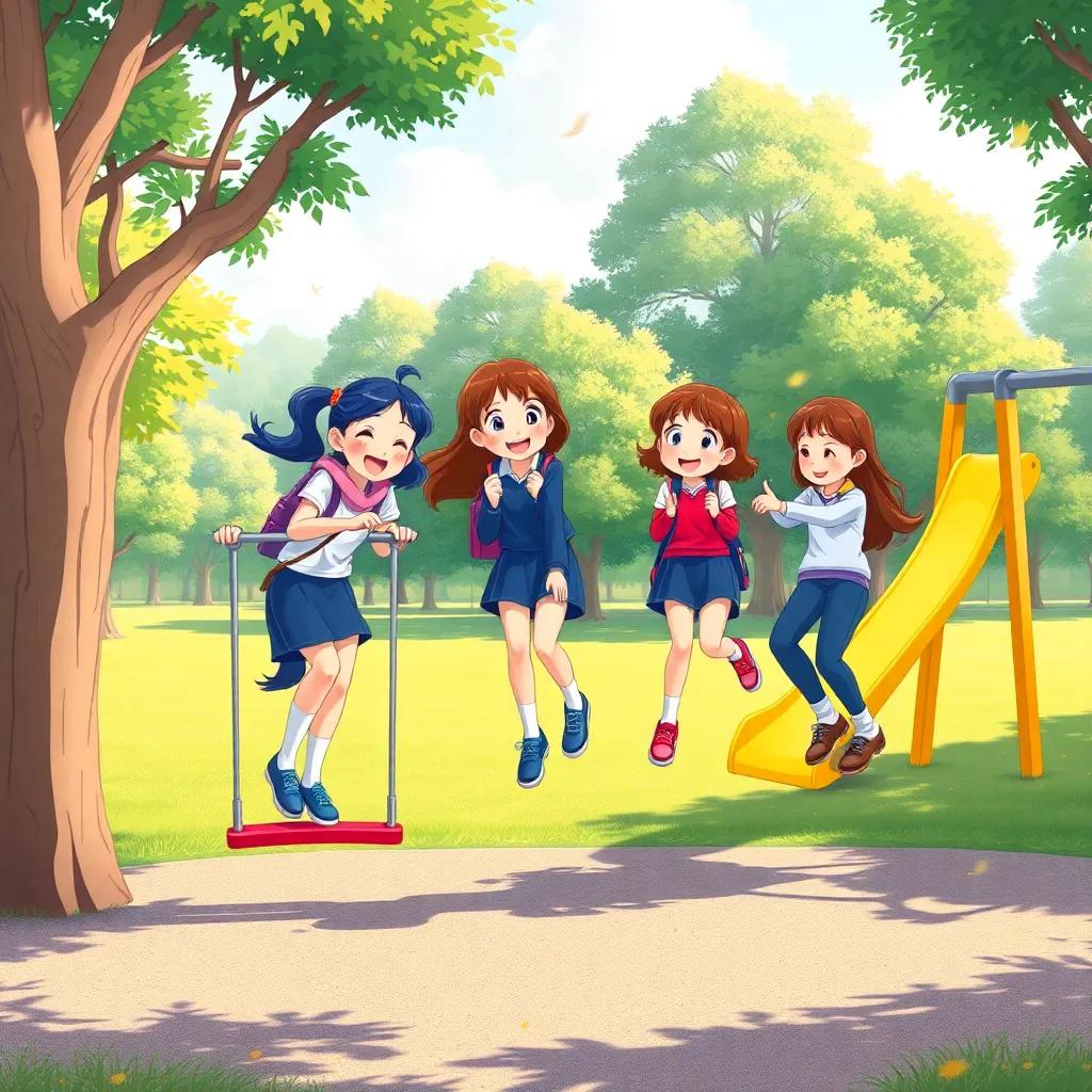 A joyful scene of the girls playing together in a park after school, climbing on swings and slides, surrounded by trees and sunshine, colorful, cheerful