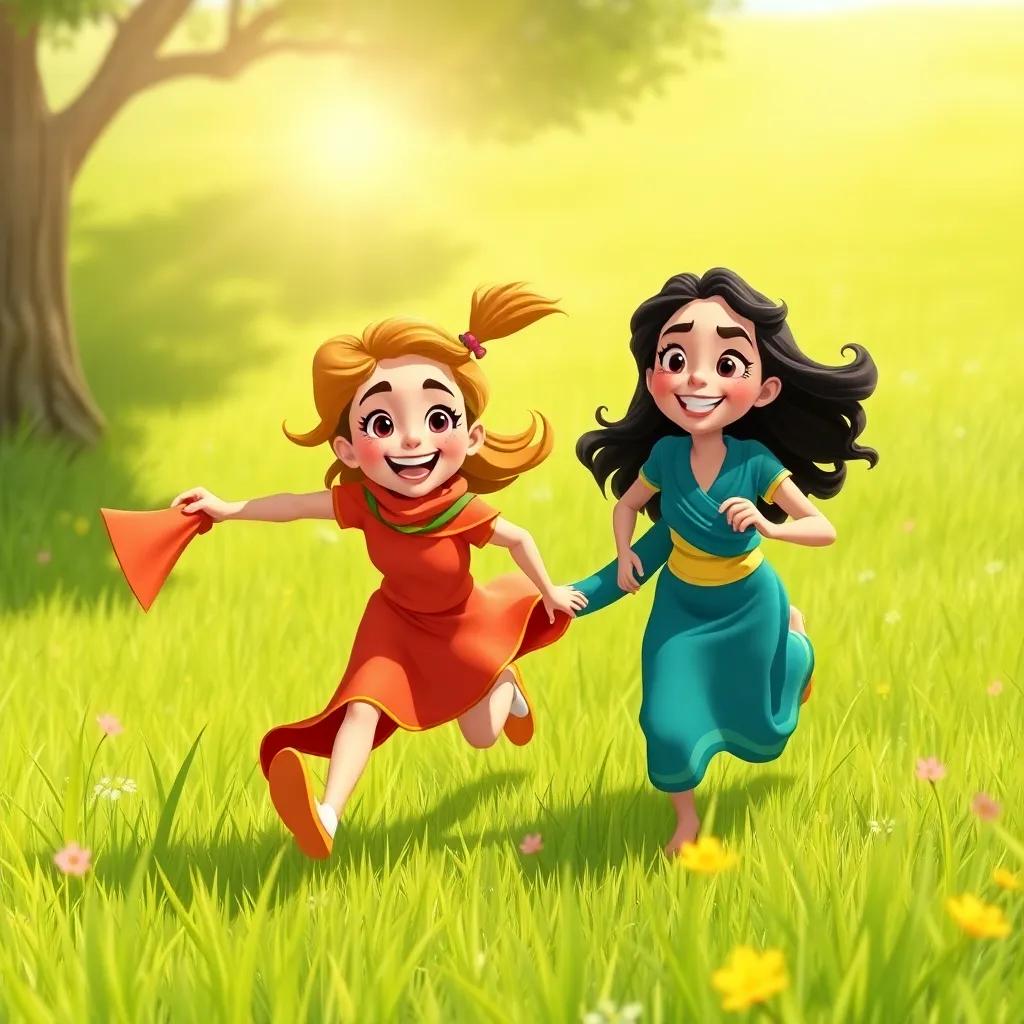 Lina and Reem happily playing tag, running through the grass, with the sun shining brightly, demonstrating the joy of friendship and fun, bright colors, lively