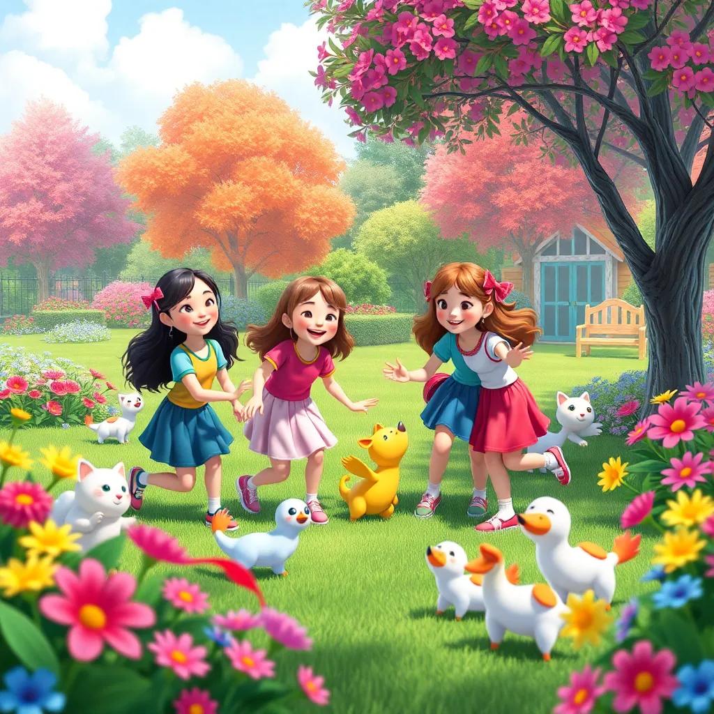 A colorful park setting with the girls playing together, showing teamwork and happiness, surrounded by flowers and playful animals, vibrant scene, cheerful atmosphere