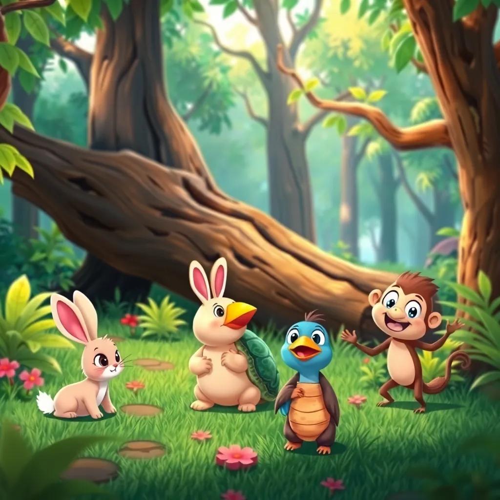 A vibrant green forest with cute small animals, a fast rabbit named "Sari", a wise turtle named "Bati'a", a clever bird named "Rafraf", and a playful monkey named "Shaqi", all looking at a big fallen tree, whimsical art, bright colors, cheerful scene, high quality