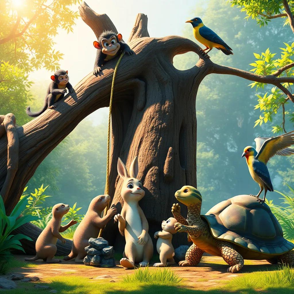The animals working together to lift the fallen tree, the monkey on the tree tying ropes, the rabbit pushing the trunk, the turtle gathering stones, and the bird observing from above, dynamic teamwork, colorful environment, bright sunlight, vibrant atmosphere, highly detailed