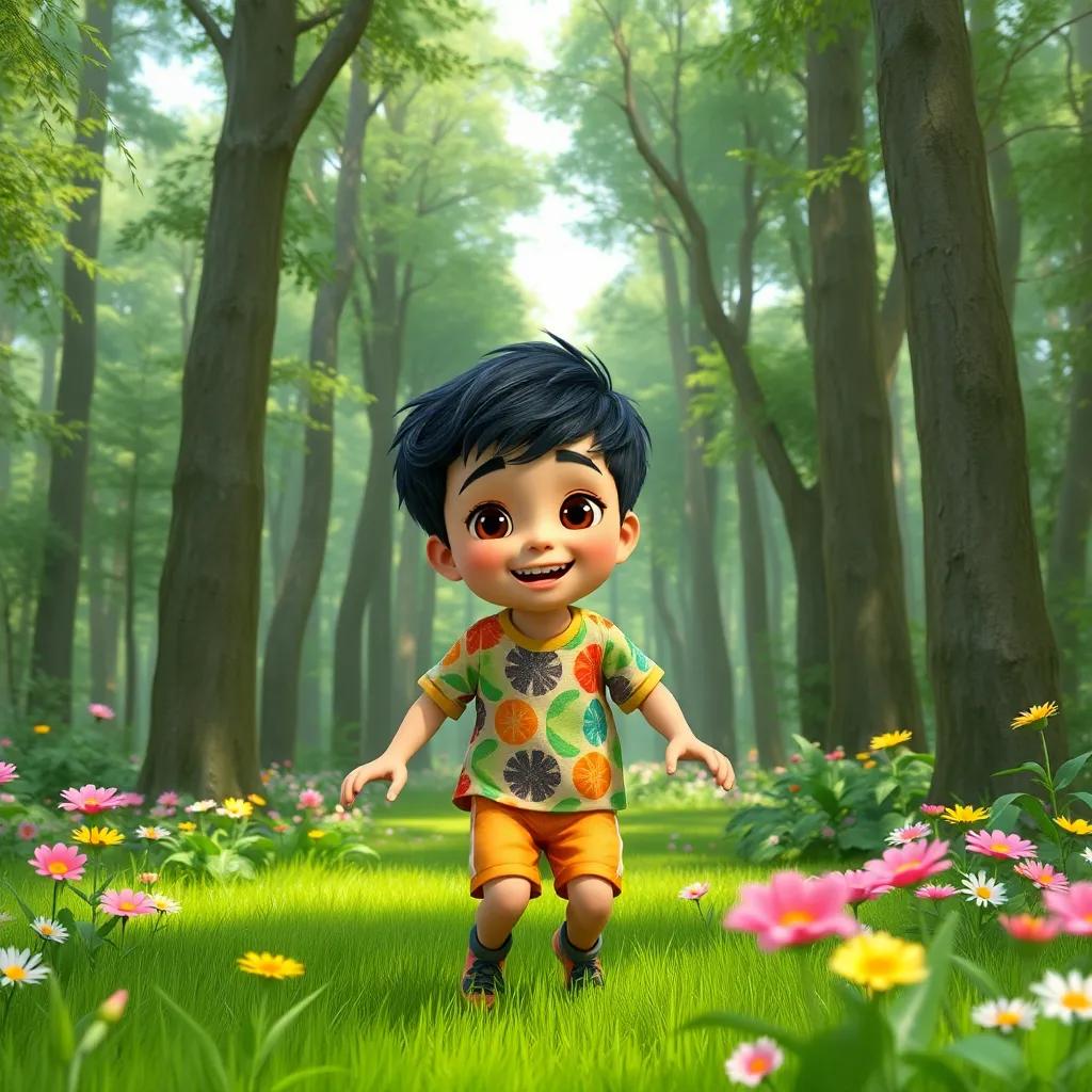 A young Arab boy named Ali, with short black hair wearing a colorful shirt and shorts, playing happily in a green forest filled with tall trees and colorful flowers, digital art, bright colors, cheerful atmosphere, high quality