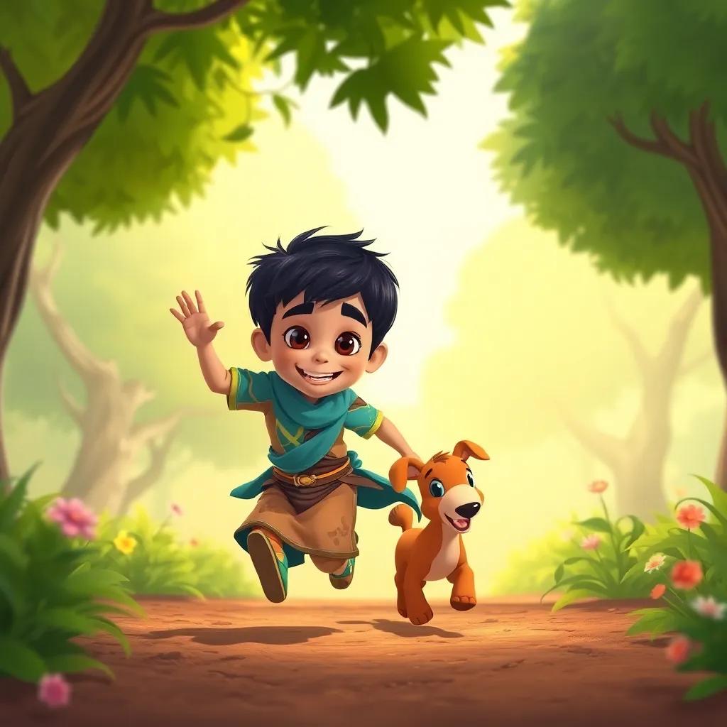 Ali, a young Arab boy with short black hair and colorful attire, running joyfully with a small brown animal named Toto, surrounded by green trees and blooming plants, illustration, playful, engaging, child-friendly