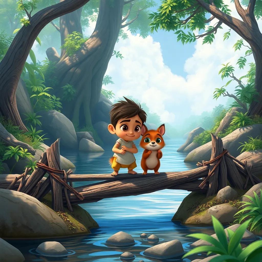 A big river blocking Ali and Toto, a small brown animal with bright eyes, Ali looking determined while building a small bridge from sticks, surrounded by nature, detailed scene, vivid colors, optimistic feel, high quality