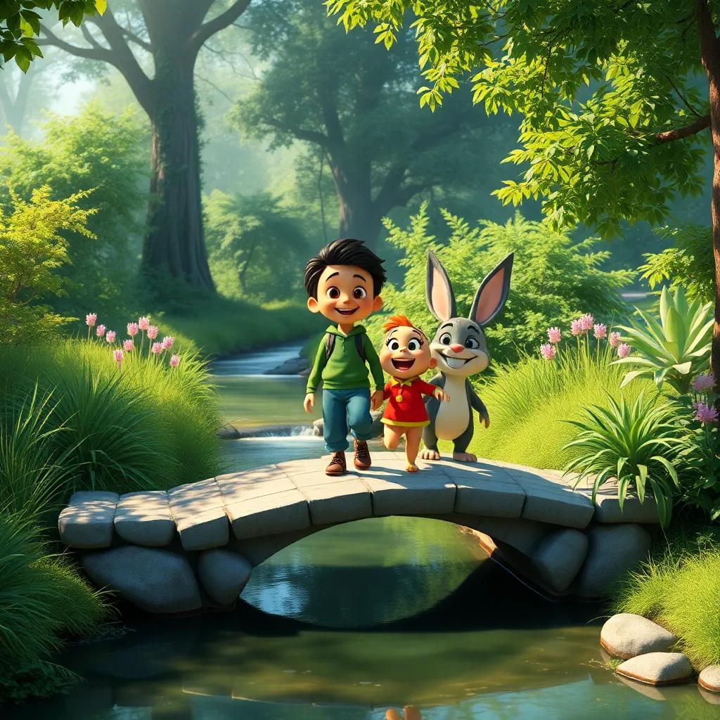 Ali and Toto crossing the small bridge over the river, smiles on their faces, with lush greenery around them and sunlight filtering through the trees, cheerful, uplifting, artistic view, high quality