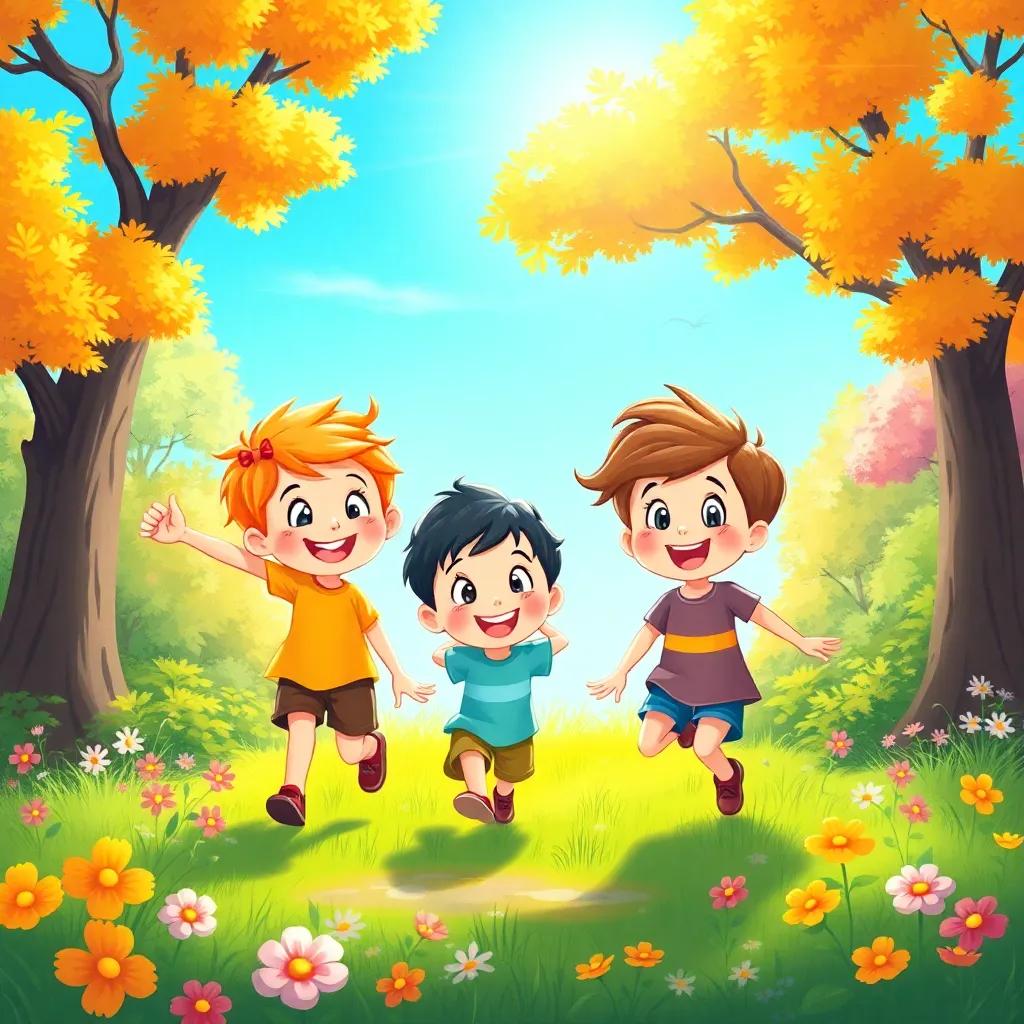 A group of three children playing in a sunny forest, happy expressions, vibrant trees and flowers around them, with a bright blue sky, cheerful atmosphere, illustration, colorful, child-friendly