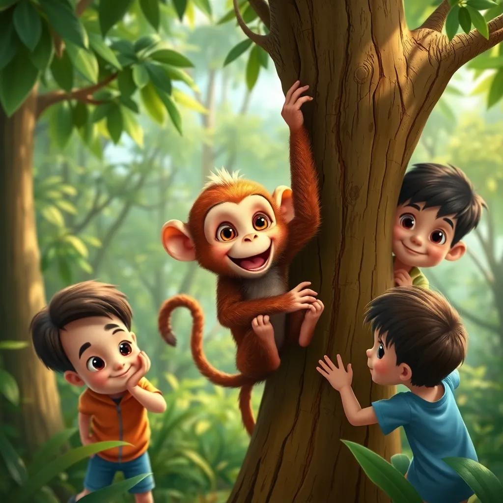 A small monkey trapped in a tree, with three children helping him, looking determined and friendly, in a lively forest setting with lots of greenery, detailed, bright colors, uplifting scene