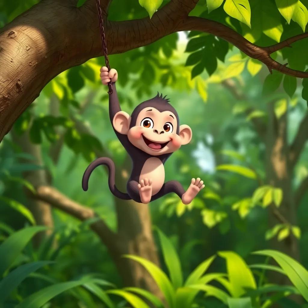 A small monkey, Lully, swinging from a tree in a lush green jungle, bright colors, cheerful atmosphere, digital art, cartoon style, fun and lively scene
