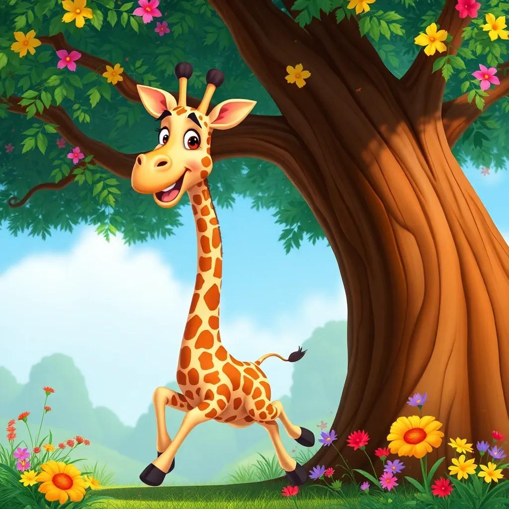 A tall giraffe, Julie, smiling brightly as she runs around a big tree with vibrant foliage, colorful flowers, happy vibe, illustration, child-friendly style, joyful image