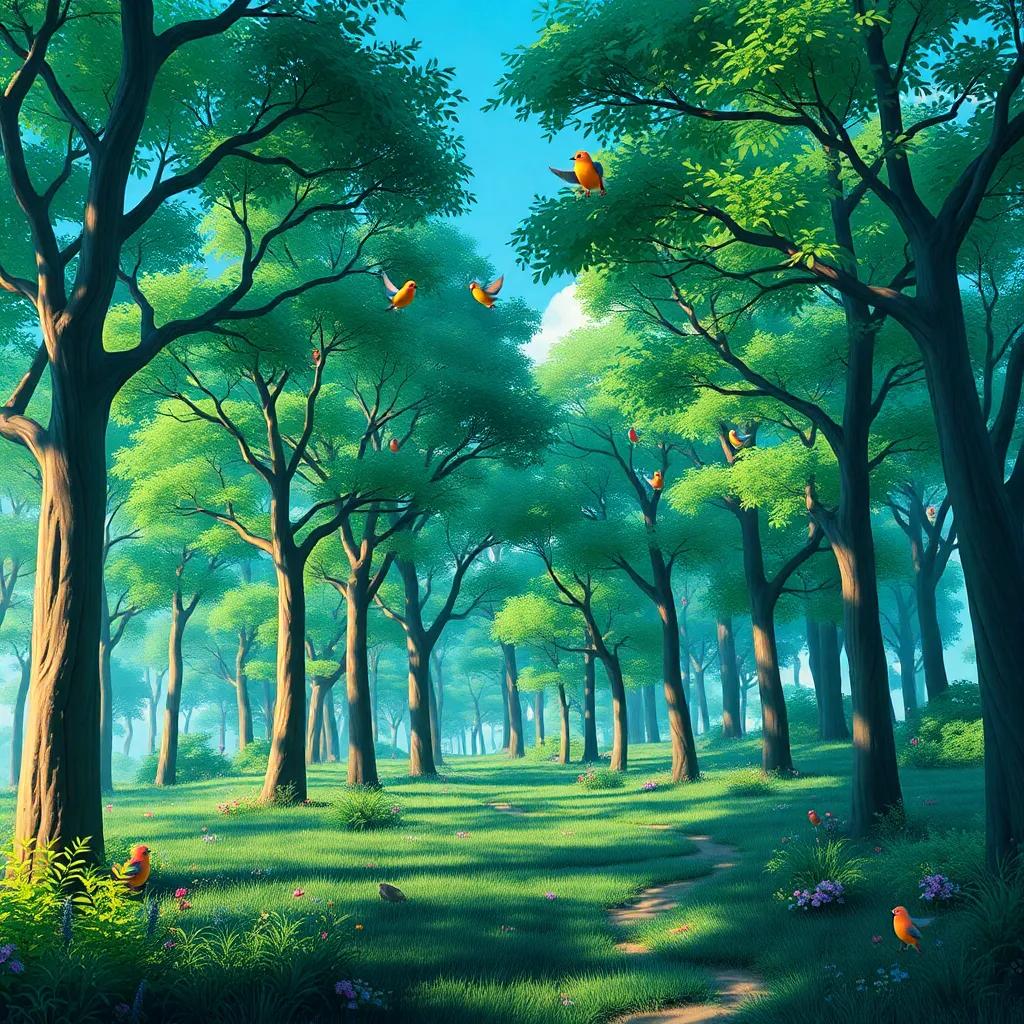 A vibrant forest with dancing trees swaying in the wind, colorful birds singing, a joyful atmosphere, detailed digital art, bright greens and blues, cheerful perspective, high quality