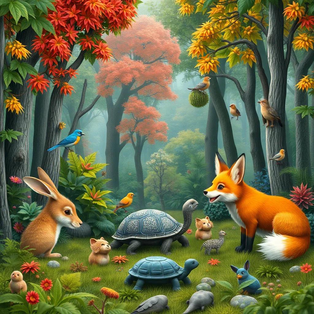 A scenic dense forest with various animals like a rabbit, a bird, a turtle, and a fox, lively atmosphere, colorful trees and plants, cheerful interaction, digital art, inviting, high quality