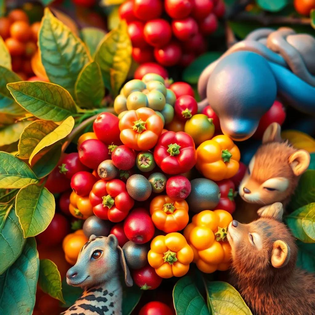 A close-up of a colorful bush with unique fruits, animals gathered around tasting the fruits, vibrant colors, joyful expressions, illustrative, warm light, enchanting vibe, high quality