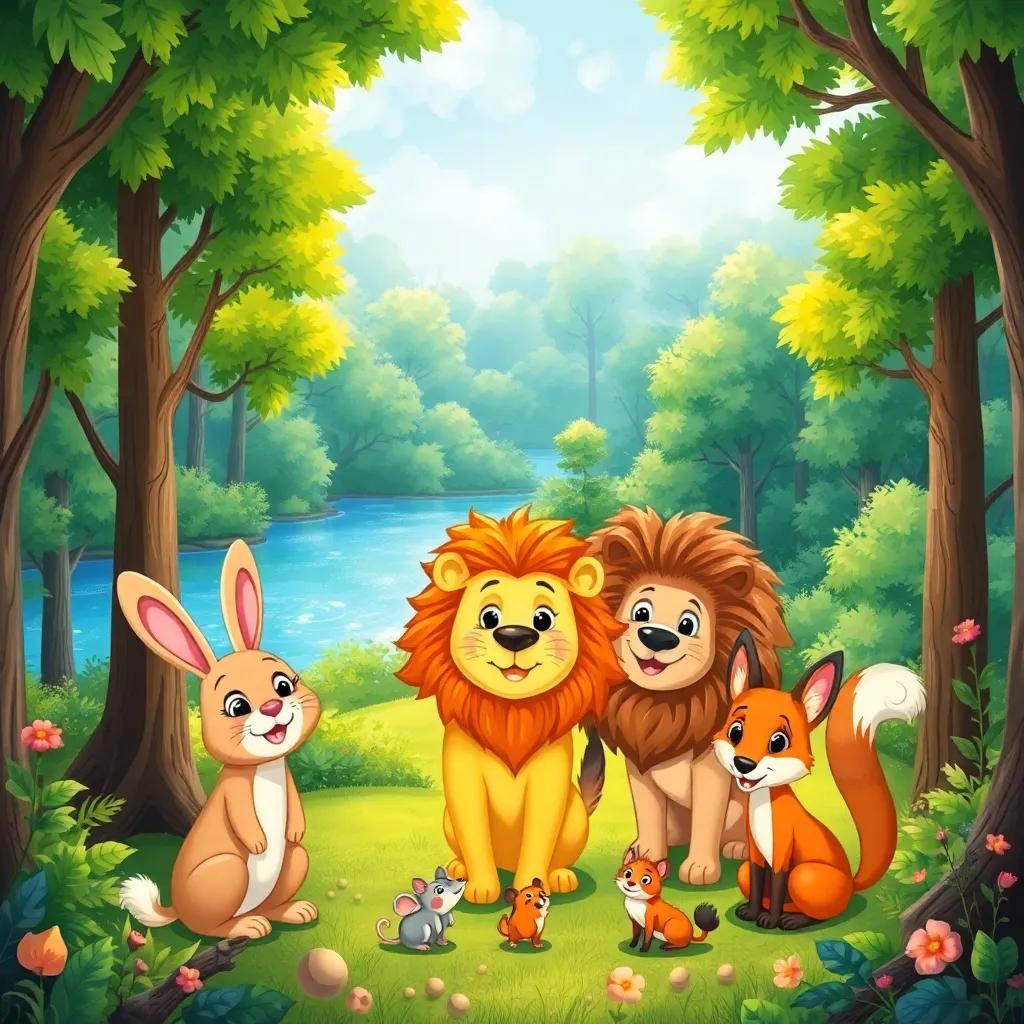 A vibrant forest filled with lush green trees and shiny lakes, a lively rabbit, a playful lion, a clever fox, and a small mouse gathered around, cheerful and colorful atmosphere, digital art, child-friendly, high quality