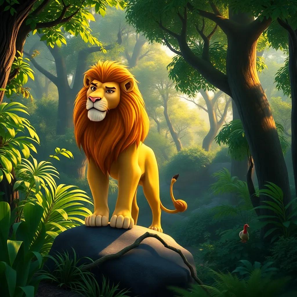 A lush green forest filled with a variety of trees and plants, a proud lion with a golden mane, looking regal while standing on a rock, vibrant colors, warm sunlight filtering through the leaves, inviting atmosphere, high quality