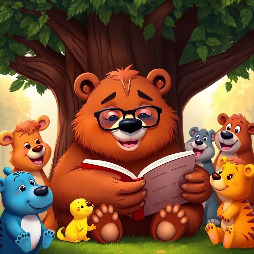 A wise bear with brown fur wearing glasses, sitting under a tree with an open book, surrounded by happy animals listening to him, cheerful, rich colors, educational theme, heartwarming view