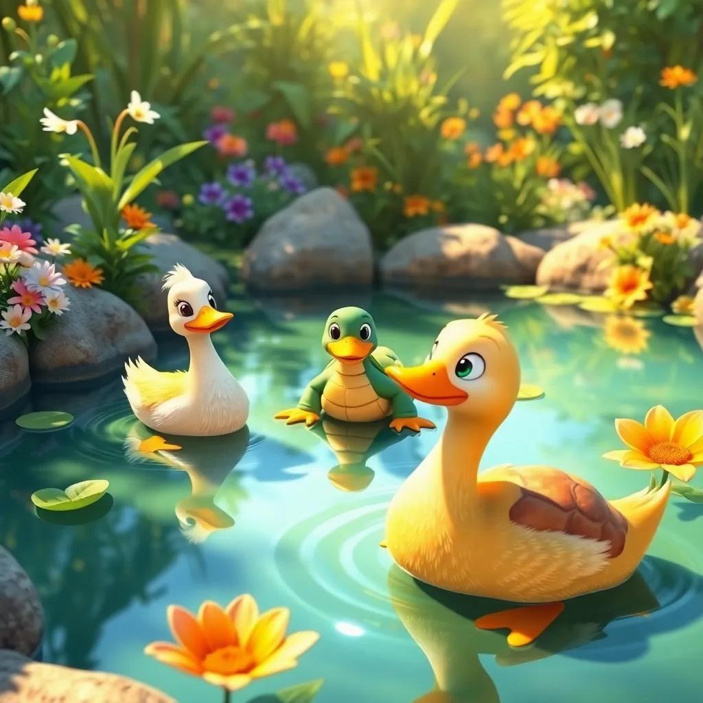 A serene pond with two shiny ducks and a wise turtle, surrounded by lush greenery and colorful flowers, warm sunlight illuminating the scene, playful atmosphere, digital art, vibrant colors, inviting, high quality
