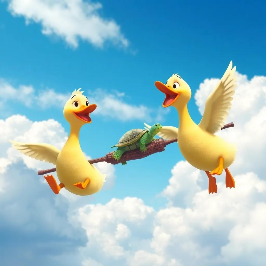 A view of the two ducks flying in the sky with a wooden stick carrying the turtle, against a backdrop of fluffy clouds and a bright blue sky, cheerful and whimsical feel, digital painting, uplifting, high quality