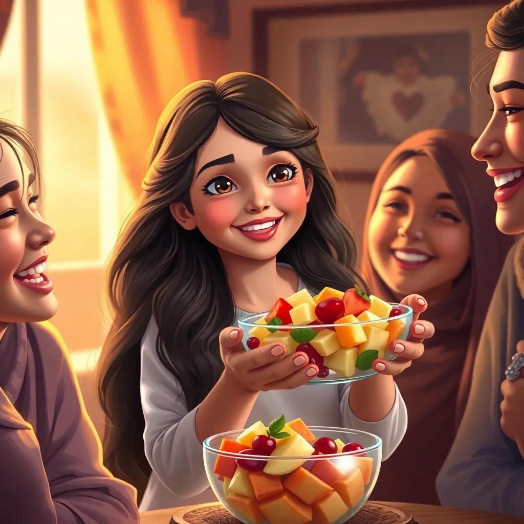 Sirin, a young Arab girl with long dark hair, proudly presenting a bowl of fruit salad to her friends, surrounded by laughter and joy, digital painting, warm and inviting light, vibrant colors, storytelling scene, high quality