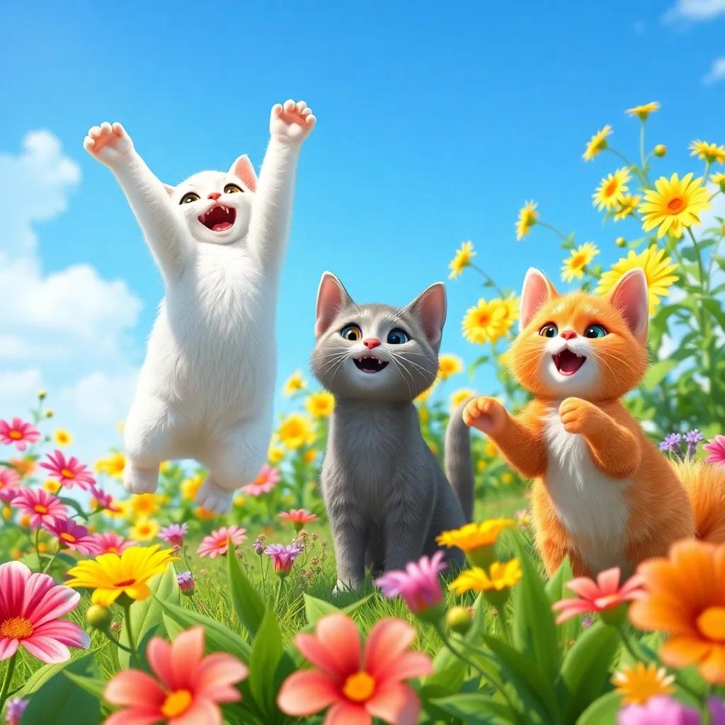 Three playful cats in a vibrant garden, one white cat jumping high, a grey cat and an orange cat looking excited, bright flowers and blue sky, cheerful atmosphere, digital art, detailed, colorful