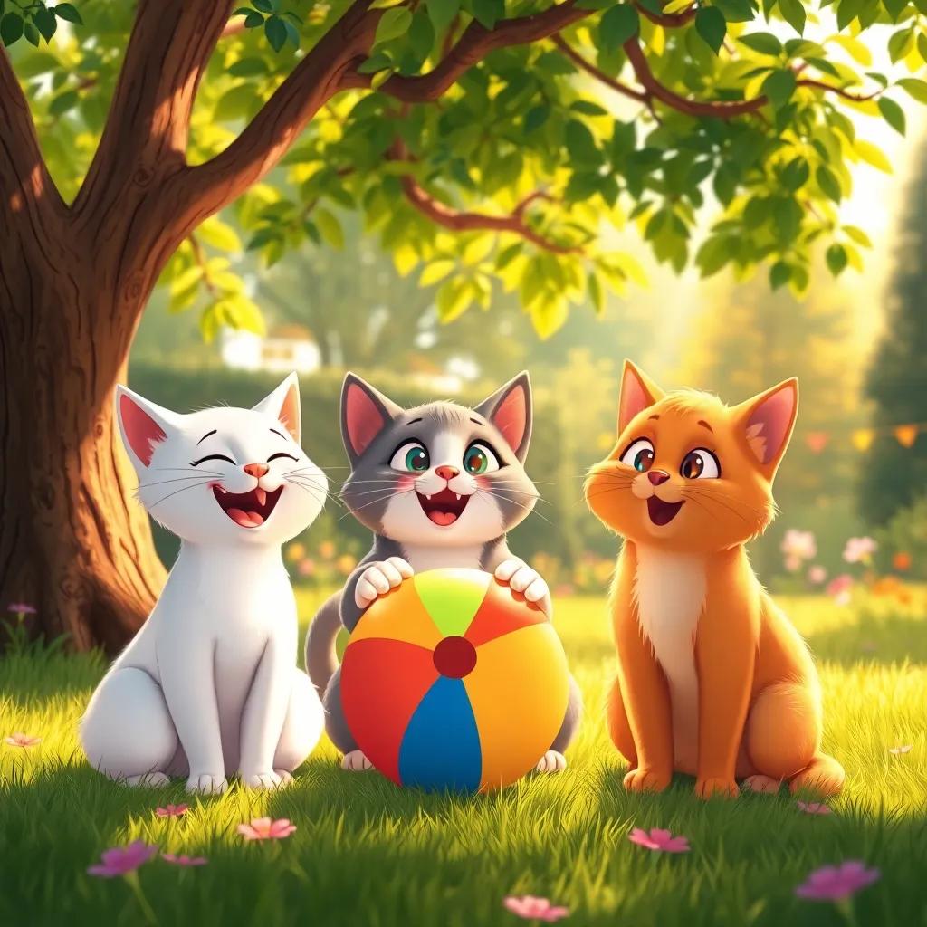 Three cats finding a colorful ball under a big tree in a bright garden, expressing joy, the white cat smiling, the grey cat excited, and the orange cat looking curious, warm light, cheerful scene, illustration