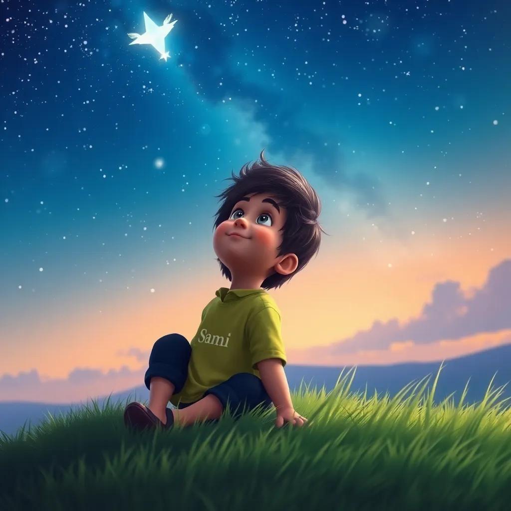 A young boy named Sami, looking up at the starry night sky with wonder and curiosity, sitting on a grassy hill, digital art, vibrant colors, dreamy atmosphere, high quality