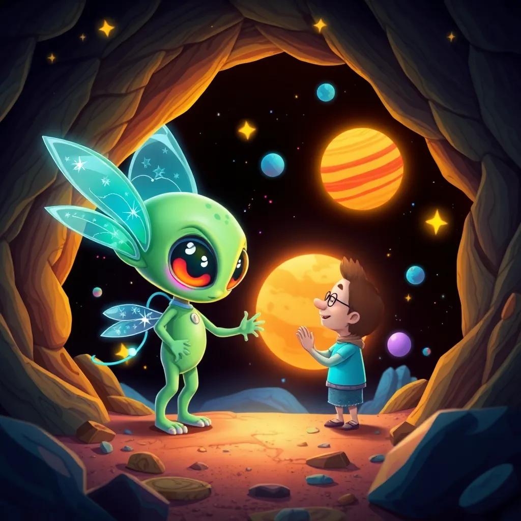 A small friendly alien named Zuma with big shiny eyes and sparkling wings, meeting Sami in a glowing crater, surrounded by colorful stars and planets, detailed illustration, whimsical, inviting scene, child-friendly