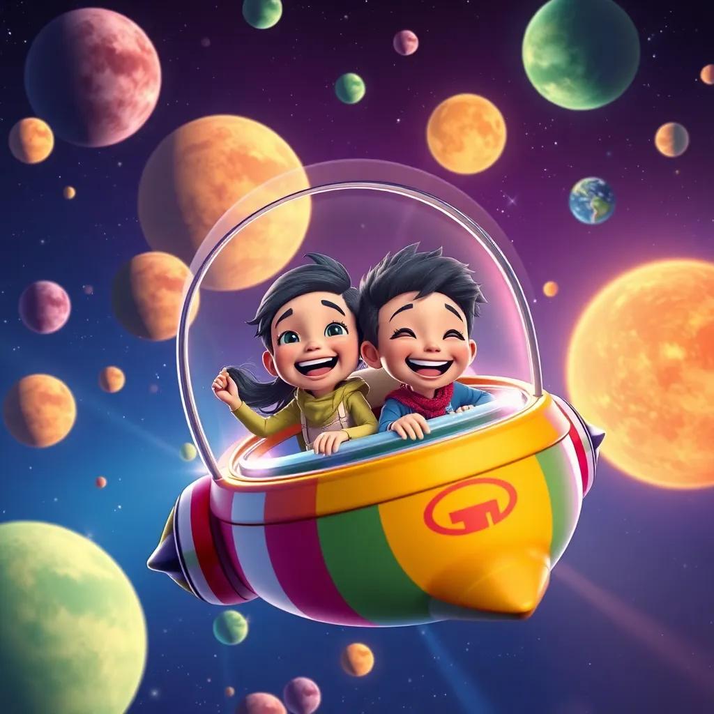 Sami and Zuma flying together in a colorful spaceship, exploring vibrant planets and glowing moons, laughter and joy on their faces, fantasy style, cheerful colors, dynamic perspective, high quality
