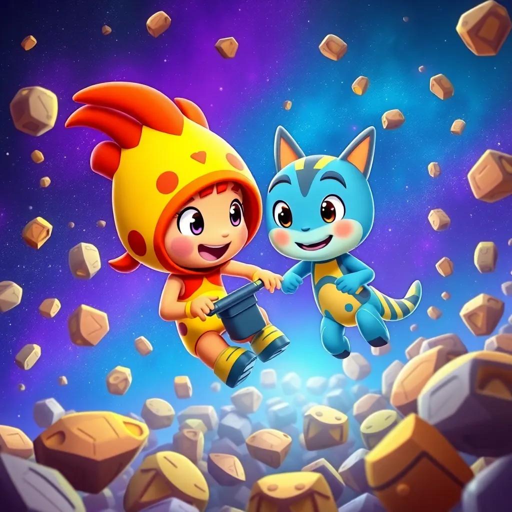 Sami and Zuma working together to navigate through a field of asteroids, showing teamwork and friendship, colorful space background with distant stars, action-packed scene, bright colors, engaging imagery