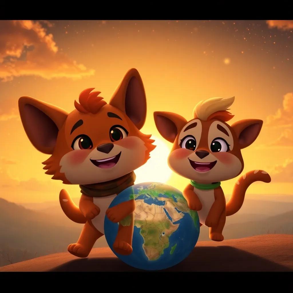 Sami and Zuma returning to Earth with happy faces, promising to have more adventures, a beautiful sunset backdrop with falling stars, heartwarming scene, golden hues, uplifting atmosphere