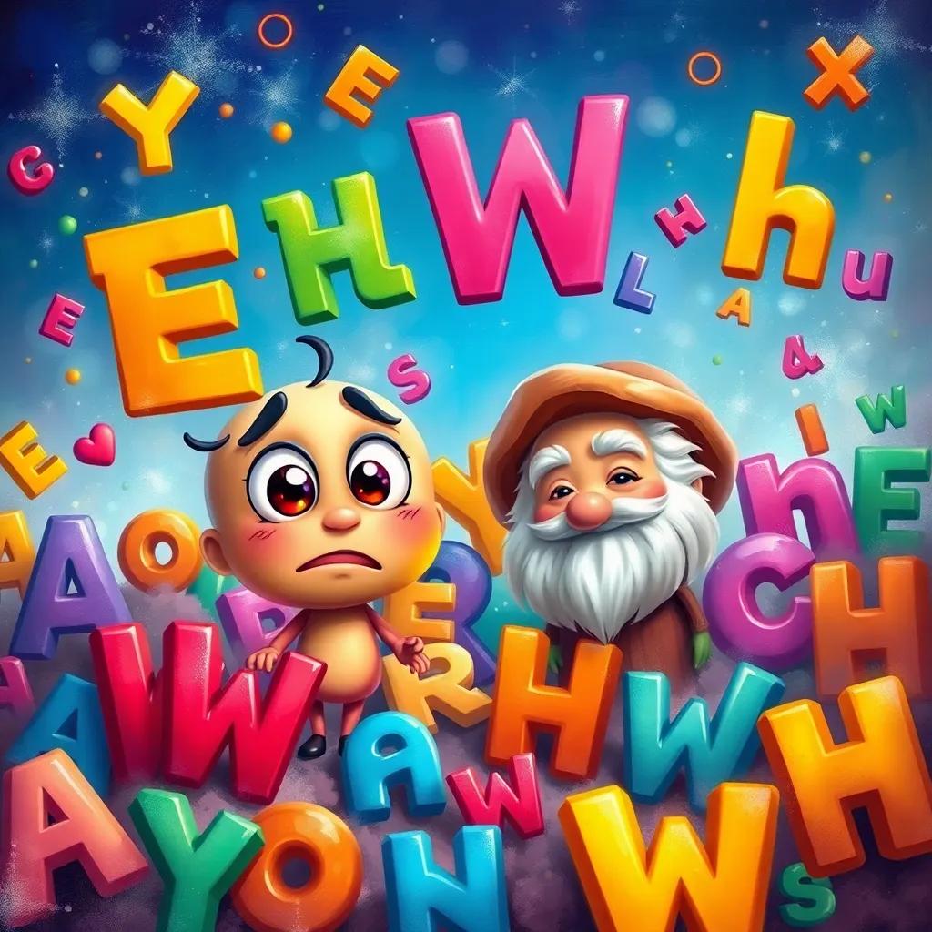 A colorful and whimsical world of words, with two friends: فعل, a cheerful character with bright eyes, looking frustrated, and مفعول مطلق, a wise figure with a warm smile; vibrant letters floating around, enchanting atmosphere, digital art, colorful, whimsical, engaging perspective, high quality