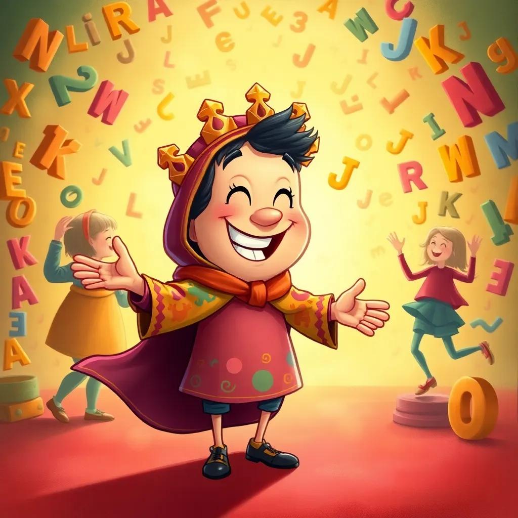 مفعول لأجله, a friendly character with a big smile and a colorful cloak, entering the scene with a welcoming gesture toward فعل and مفعول مطلق; lively background filled with letters and words dancing, joyful atmosphere, illustration, cheerful, warm light, engaging perspective, high quality