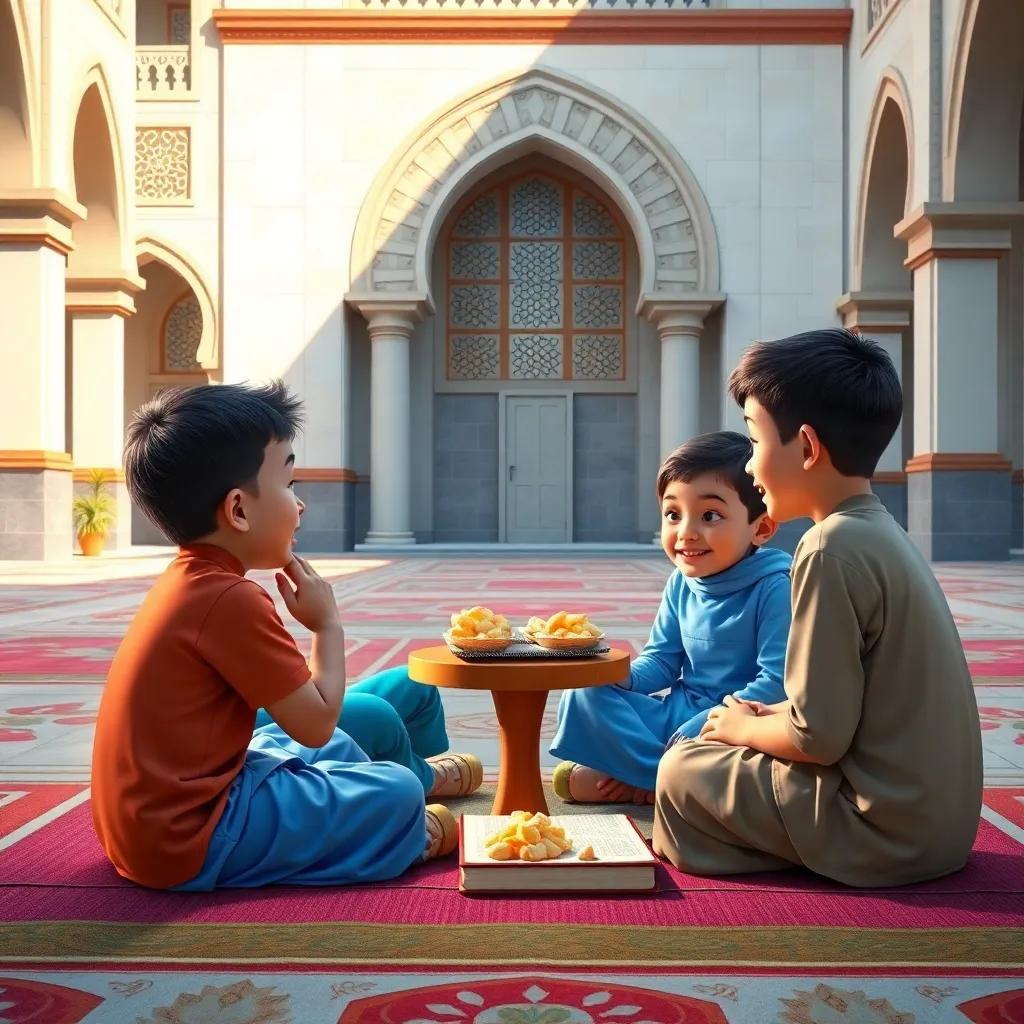 Children enjoying a light snack, sitting in the mosque courtyard, talking and laughing, sharing stories about their favorite Quran verses, colorful, bright daylight, friendly, heartwarming scene, high quality