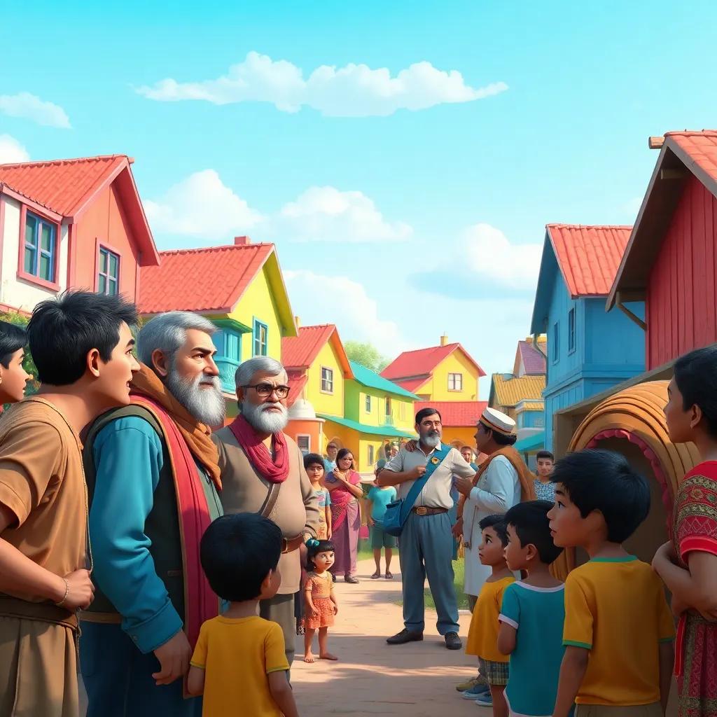 A scene in a village with a group of men talking to villagers, some looking angry and some curious, children watching, colorful village houses, bright sky, cheerful atmosphere, digital art, friendly and engaging, high quality