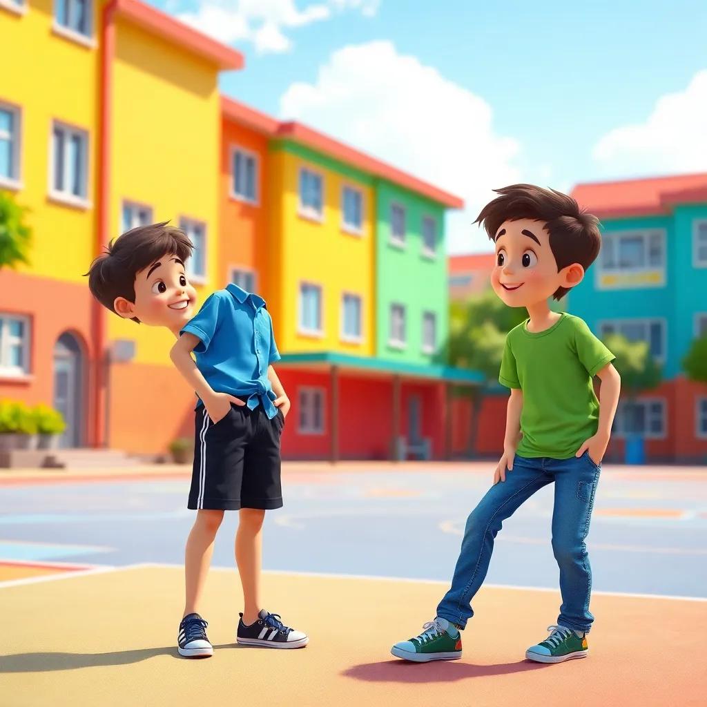 A school playground with two boys, one wearing a blue shirt and black shorts, the other in a green t-shirt and blue jeans, smiling and talking, colorful school building in the background, bright sunlight, cheerful atmosphere, digital art, vibrant colors, child-friendly