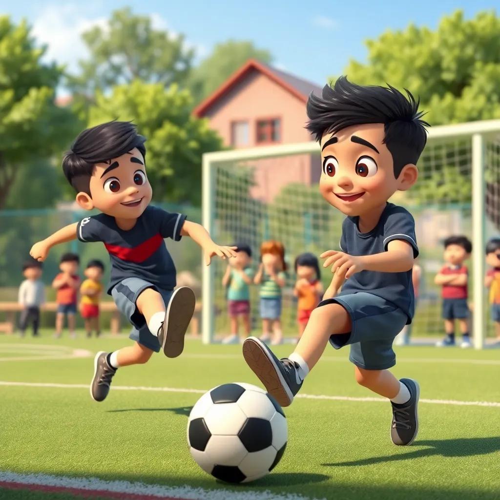 Two boys playing soccer in the playground, one boy, Adil, kicking the ball towards the goal, the other boy, Ali, ready to catch it, kids cheering in the background, lively scene, energetic mood, bright colors, realistic style