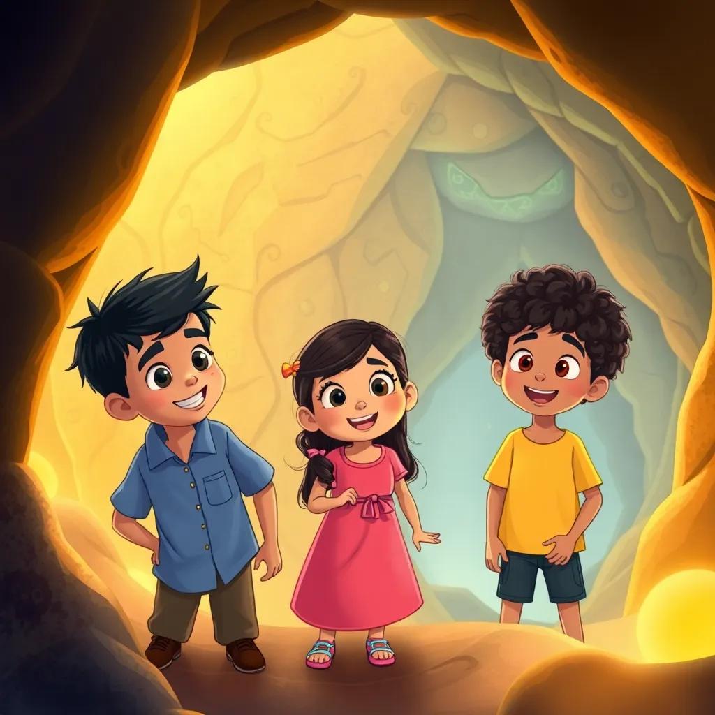 Three friends, Sami, a young Arab boy with short black hair in a blue shirt; Leila, a young Arab girl with long dark hair in a pink dress; Ali, a young Arab boy with curly hair in a yellow t-shirt, exploring the inside of a mysterious cave with glowing stones and strange patterns on the walls, excited expressions, warm light, magical atmosphere, child-friendly, high quality