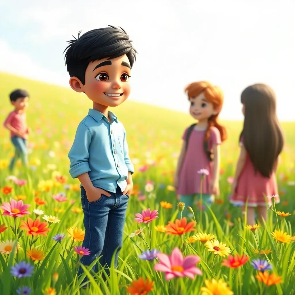A young Arab boy, Ali, with short black hair, wearing a light blue shirt and jeans, standing in a grassy field filled with colorful flowers while talking to his friends, bright sunlight, cheerful, vibrant colors, child-friendly, illustration