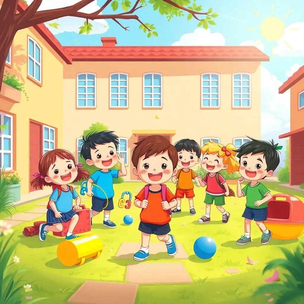 A group of happy schoolchildren playing in a vibrant schoolyard with colorful toys, bright sunshine, playful expressions, digital art, cheerful, colorful scene, inviting atmosphere, high quality