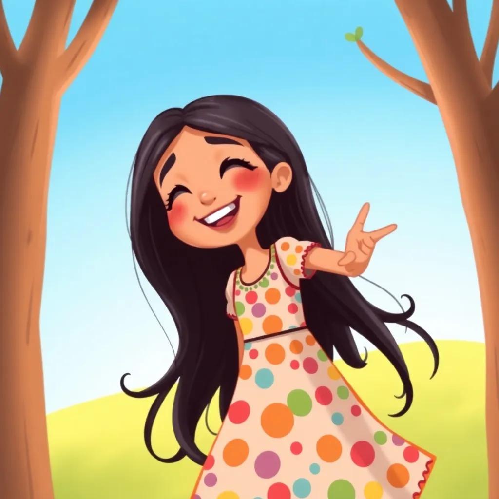 Fatima, a lively girl with long dark hair, wearing a colorful dress, laughing and suggesting a game of hide and seek under a clear blue sky, digital illustration, joyful mood, warm colors, appealing composition, high quality