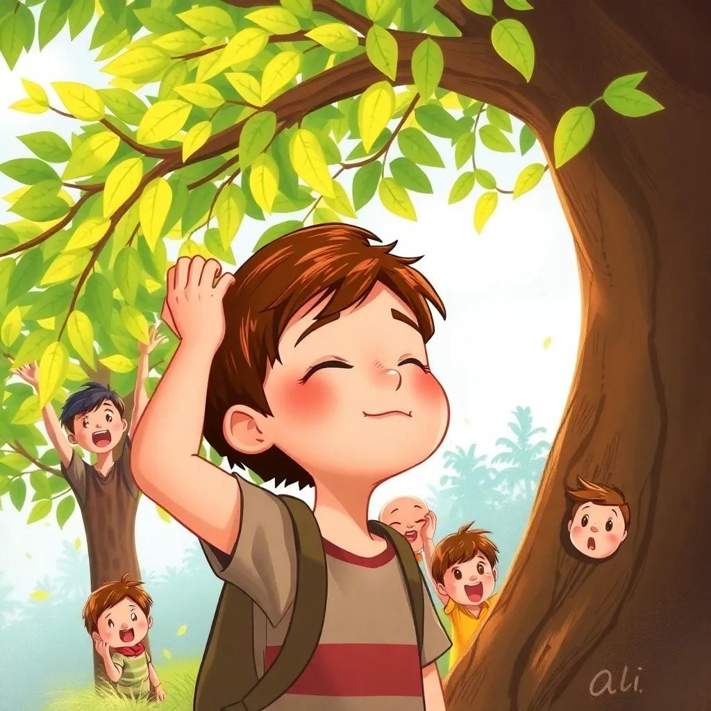 Ali, a boy with short brown hair, closing his eyes and counting near a tree with bright green leaves, excited expressions from his friends hidden around, digital painting, adventure theme, animated details, high quality