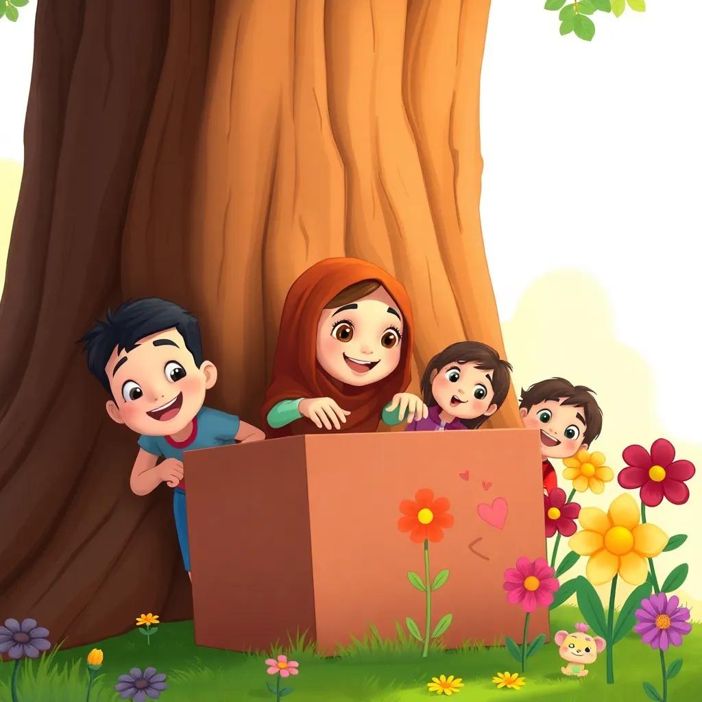 Yasir hiding behind a large tree, Sarah crouching behind a toy box, Reem and Samir peeking from behind colorful flowers, smiles, engaging scene, digital art, bright colors, playful interactions, high quality