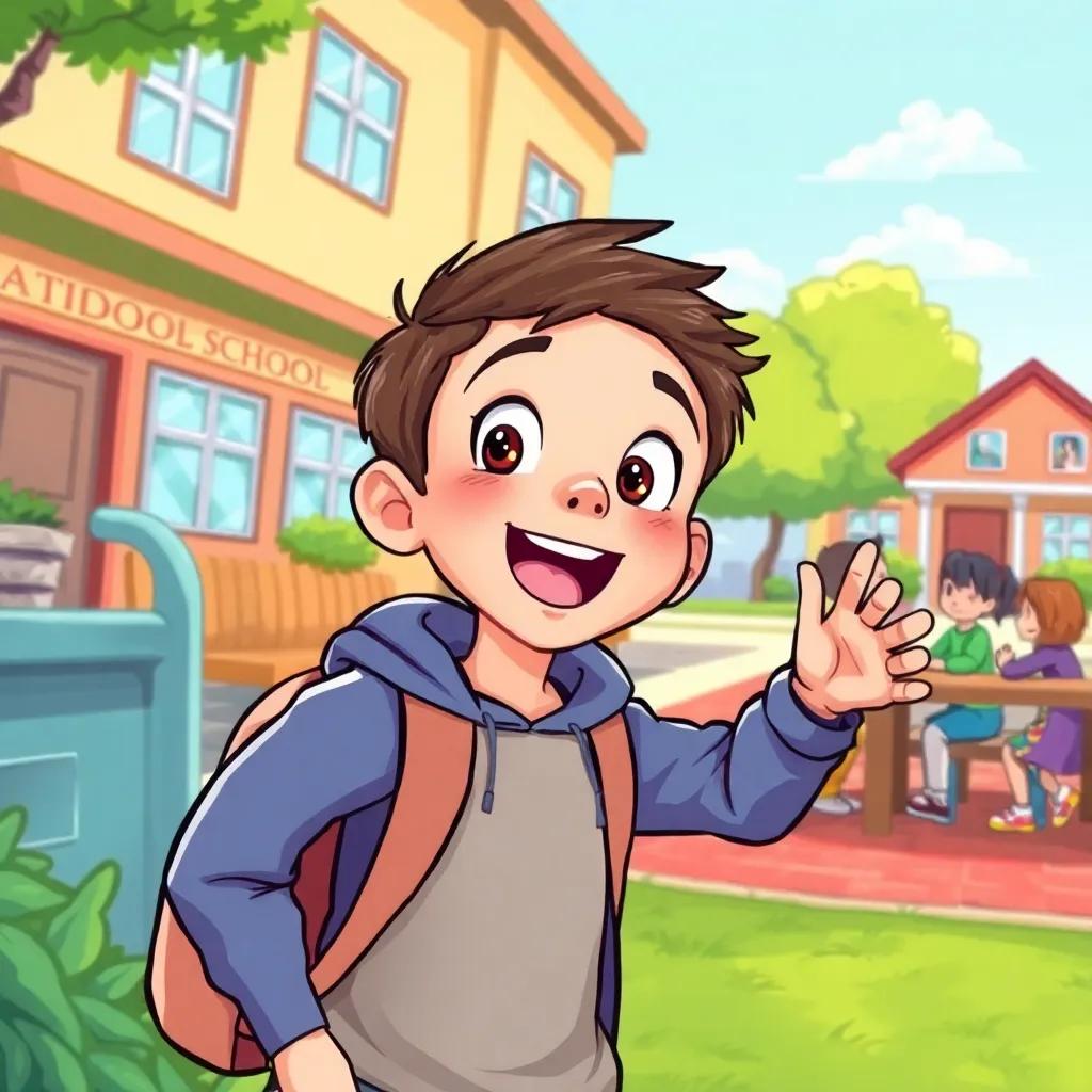 Ali excitedly searching for his friends, looking around the playground with curiosity, vibrant school environment, rich colors, storybook illustration, high quality