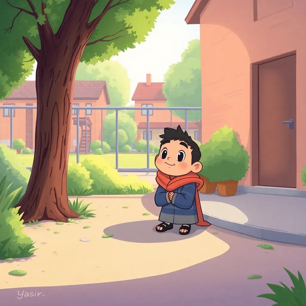 Yasir waiting patiently to be found, hiding with anticipation in a quiet corner of the schoolyard, peaceful setting, soft lighting, digital art, friendly vibe, high quality