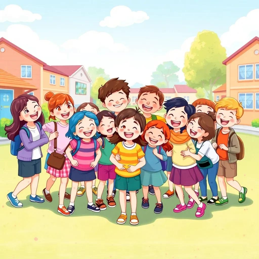 All the friends gathering together to celebrate their playtime, smiles and laughter all around, beautiful schoolyard scene, colorful elements, warm and happy tone, digital illustration, high quality