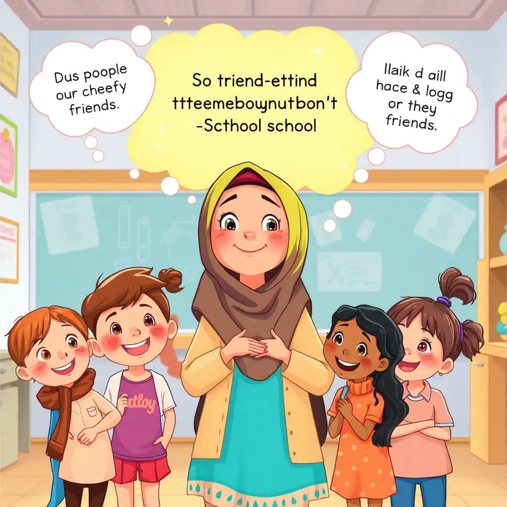 Fatima sharing her thoughts about friendship and fun, surrounded by her cheerful friends, themed in a vibrant school environment, emotional illustration, bright and lively, high quality