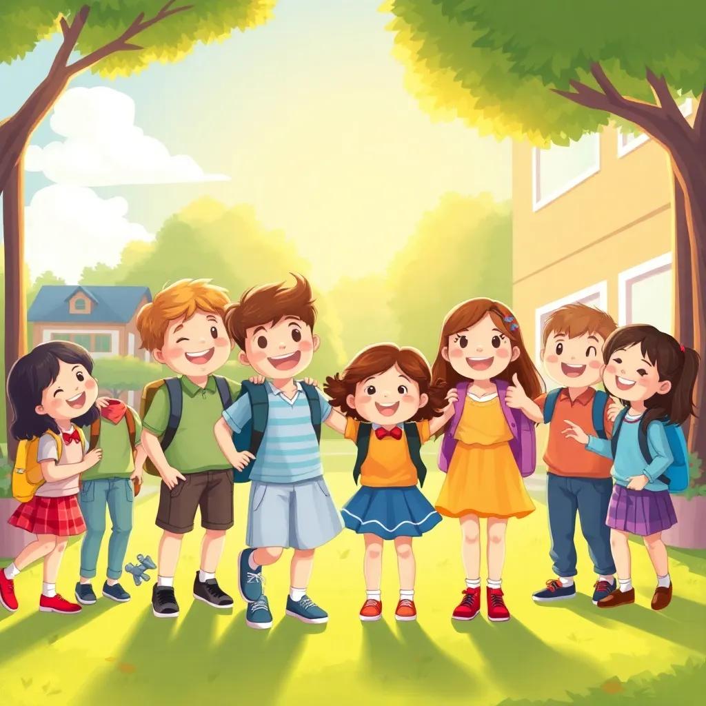 A beautiful depiction of friendship and joy among schoolchildren, colorful schoolyard scene with the sun shining, warm and inviting atmosphere, digital art, high quality