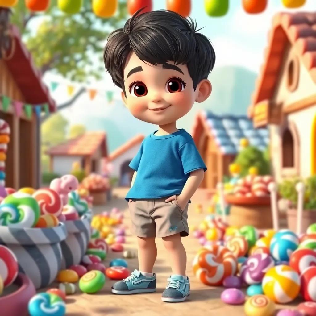 A child named Sami, with dark hair, wearing a blue t-shirt and shorts, surrounded by colorful candies in a small village, cheerful atmosphere, bright colors, child-friendly